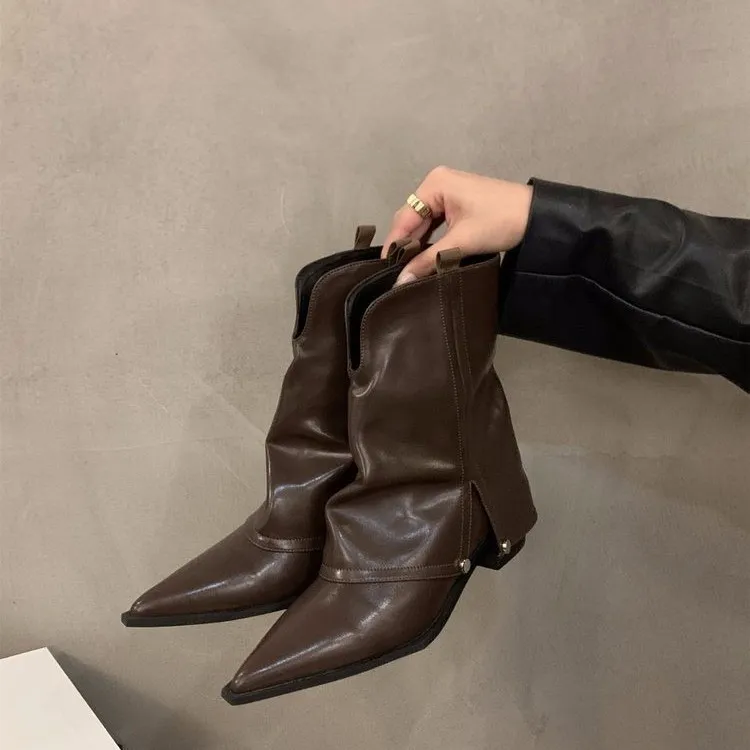 Women's Mid-calf Pointed Chunky Heel High Heel Fashion Boots - Brown