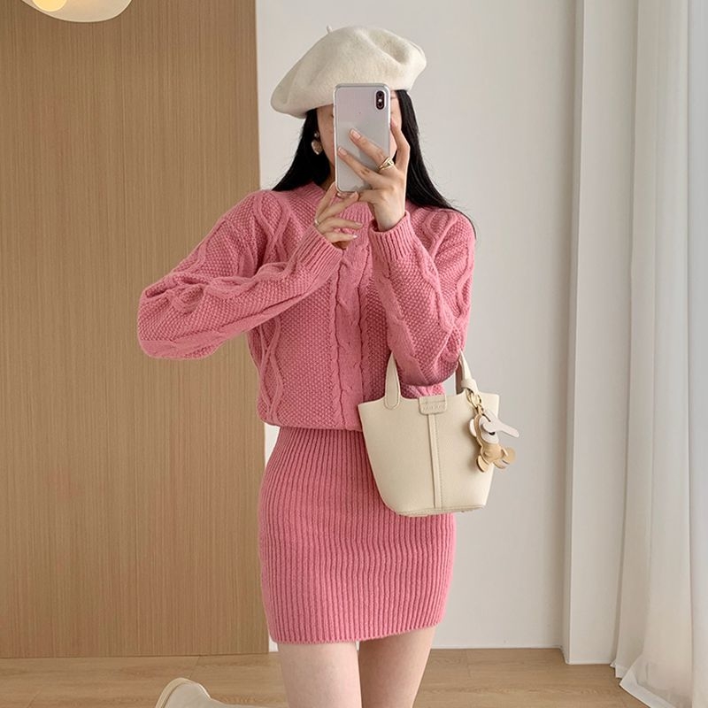 Round Neck All-matching Temperament Diamond Lattice Texture Knitted Dress
