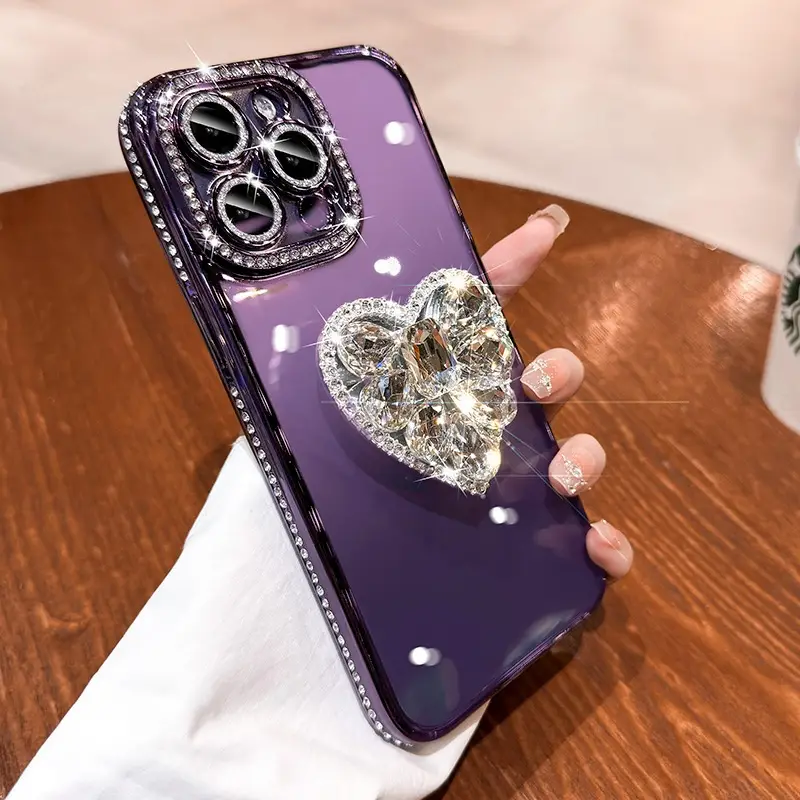Silicone Electroplating Edge Diamond Love Bracket Phone Case