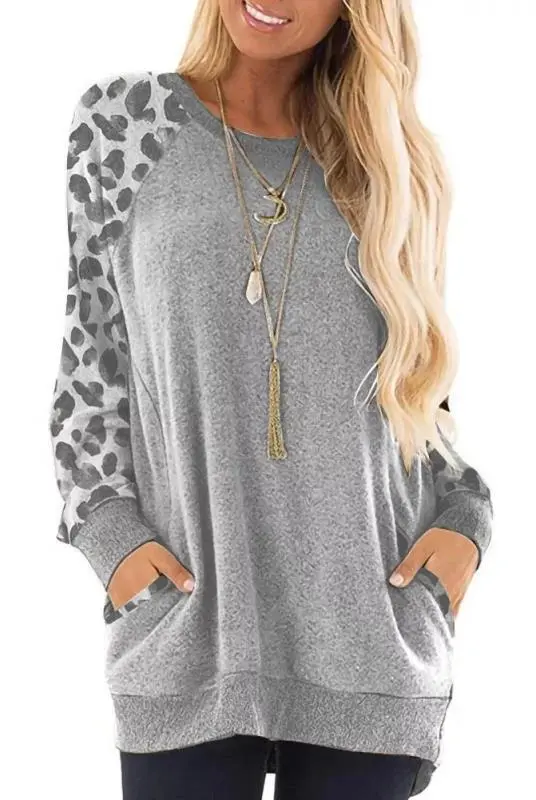 Sweatshirt Winter Contrast Color Stitching Long Sleeve Cross Border Sweatshirt Leopard Print Light Gray - Shop at LoveMi