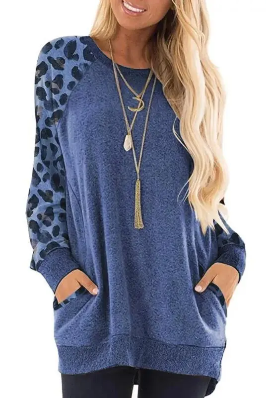 Sweatshirt Winter Contrast Color Stitching Long Sleeve Cross Border Sweatshirt Leopard Blue - Shop at LoveMi