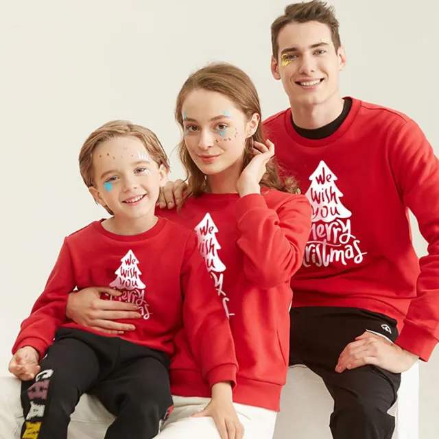 Christmas Snowflake Parent child Costume Cartoon Casual Crew Neck Top Christmas Tree Red - Shop at LoveMi