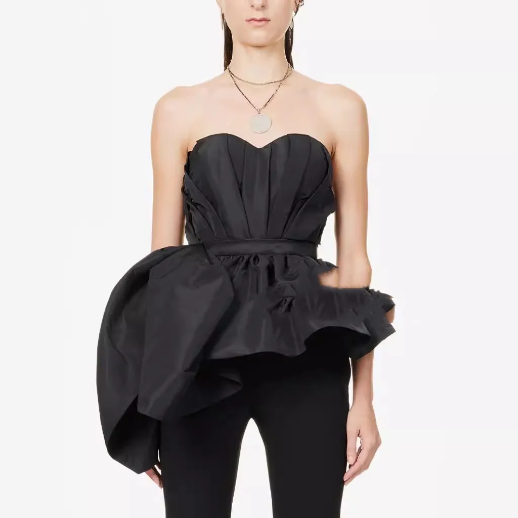 Sleeveless Tube Top Asymmetric Pendant Grosgrain Top - Black
