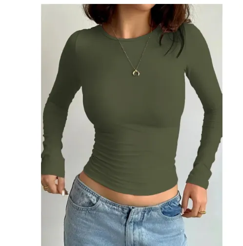Women's Fashion Casual Solid Color Slim Pullover T shirt Military Green - Shop at LoveMi