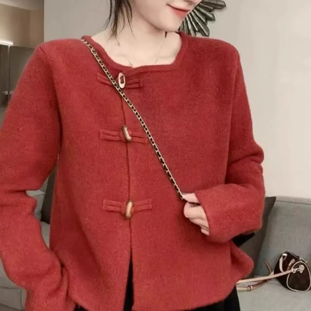 Round Neck Gentle Temperament Horn Button Sweater Coat Wine Red - Shop at LoveMi