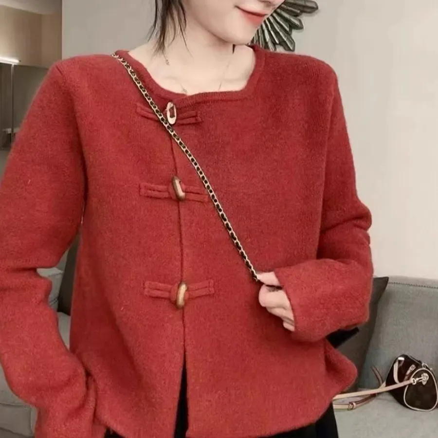 Round Neck Gentle Temperament Horn Button Sweater Coat - Wine Red
