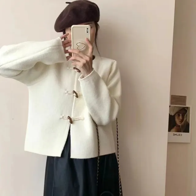 Round Neck Gentle Temperament Horn Button Sweater Coat Beige - Shop at LoveMi