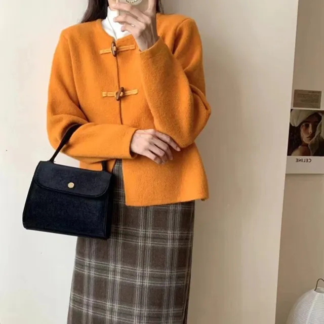 Round Neck Gentle Temperament Horn Button Sweater Coat Orange - Shop at LoveMi