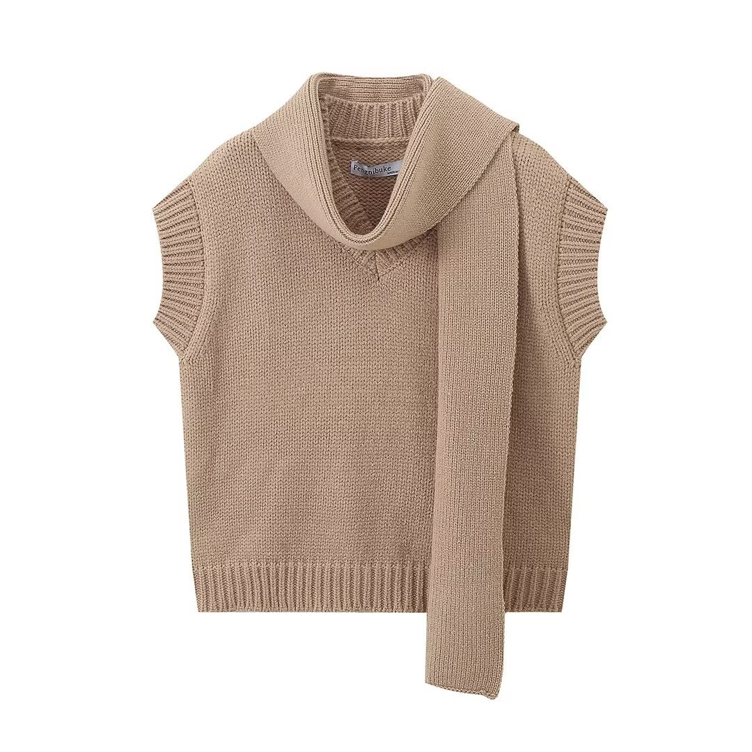 New Trendy V-neck Sleeveless Blended Textile Scarf Knitted Vest