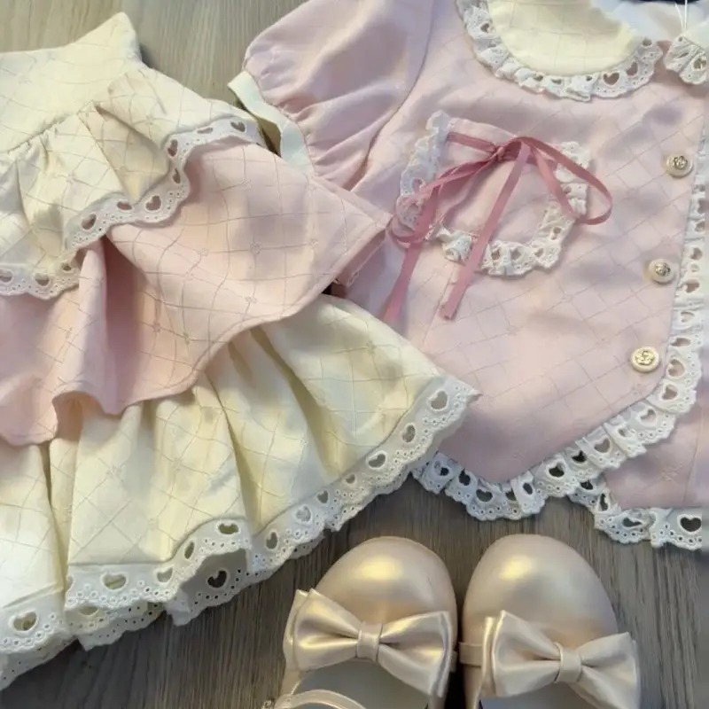 Cream Slightly Sweet High Waist Tiered Dress Girls Collar Shirt Cake Skirt Suit