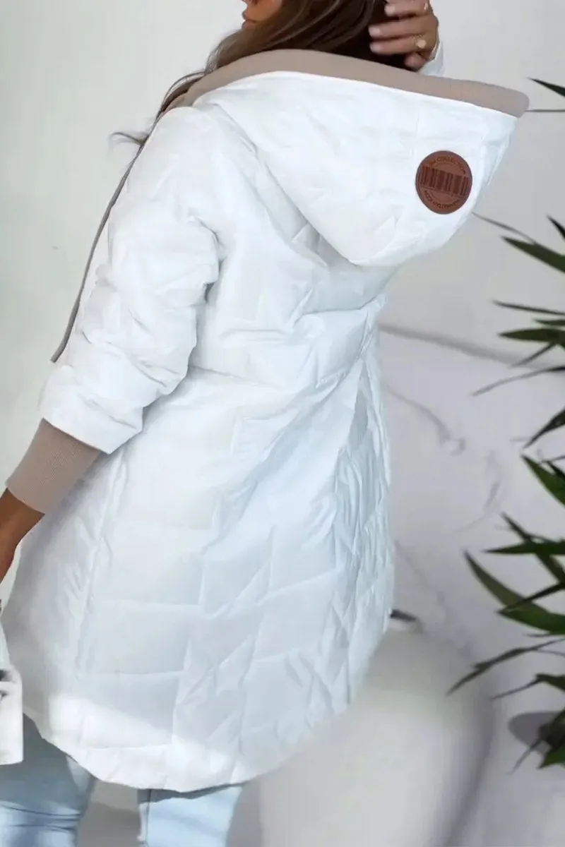 Hooded Loose Long Sleeves Solid Color Zipper Cotton Jacket Coat - White