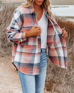 Casual Women's Lapel Loose Plaid Mid-length Blouse - Pink - View 1