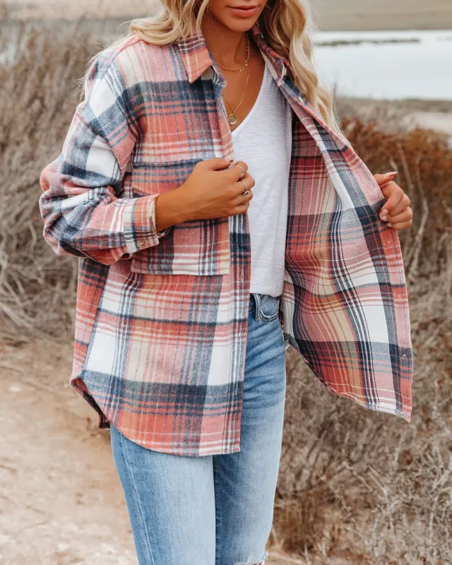 Casual Women's Lapel Loose Plaid Mid length Blouse Pink - Shop at LoveMi