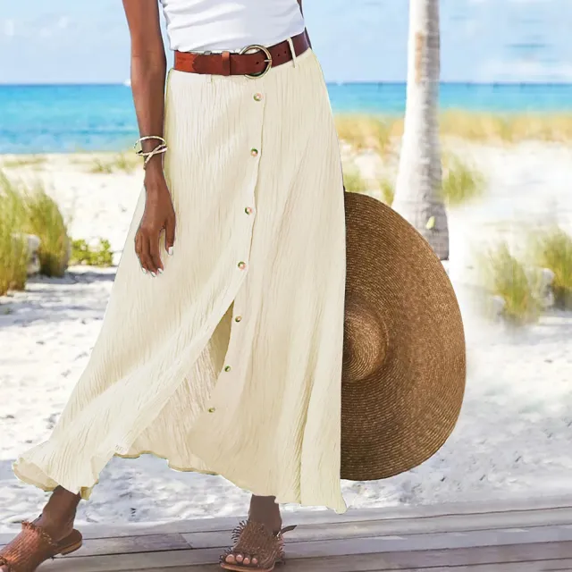 Women's Fashion Cotton Linen A Line Hip Mid Waist Long Skirt Yellow - Shop at LoveMi