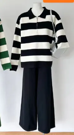 Women's Polo Collar Half Zipper Knitting Suit Stripes - Black - View 1