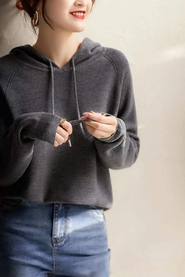 Women's Wool Knitted Hooded Sweater Pullover Stripe Loose - Gray