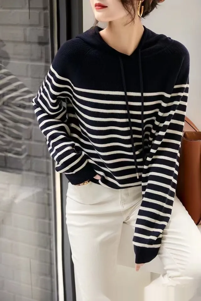 Women's Wool Knitted Hooded Sweater Pullover Stripe Loose Blue - Shop at LoveMi