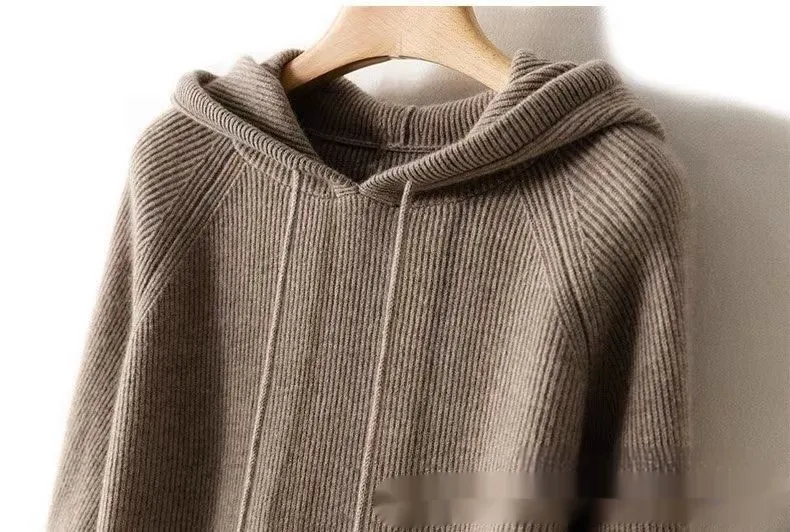 Women's Wool Knitted Hooded Sweater Pullover Stripe Loose - Camel - View 1