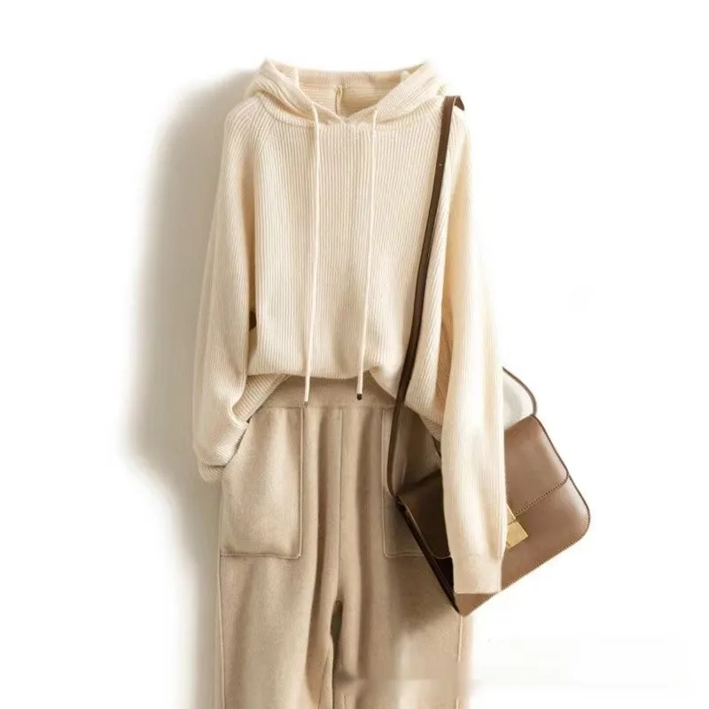 Women's Wool Knitted Hooded Sweater Pullover Stripe Loose - Beige