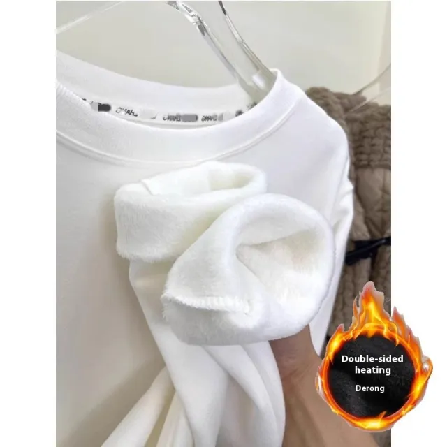 Plus Velvet White Bottoming Shirt Women's Inner Match Mid length Loose T shirt 2070 White - Shop at LoveMi