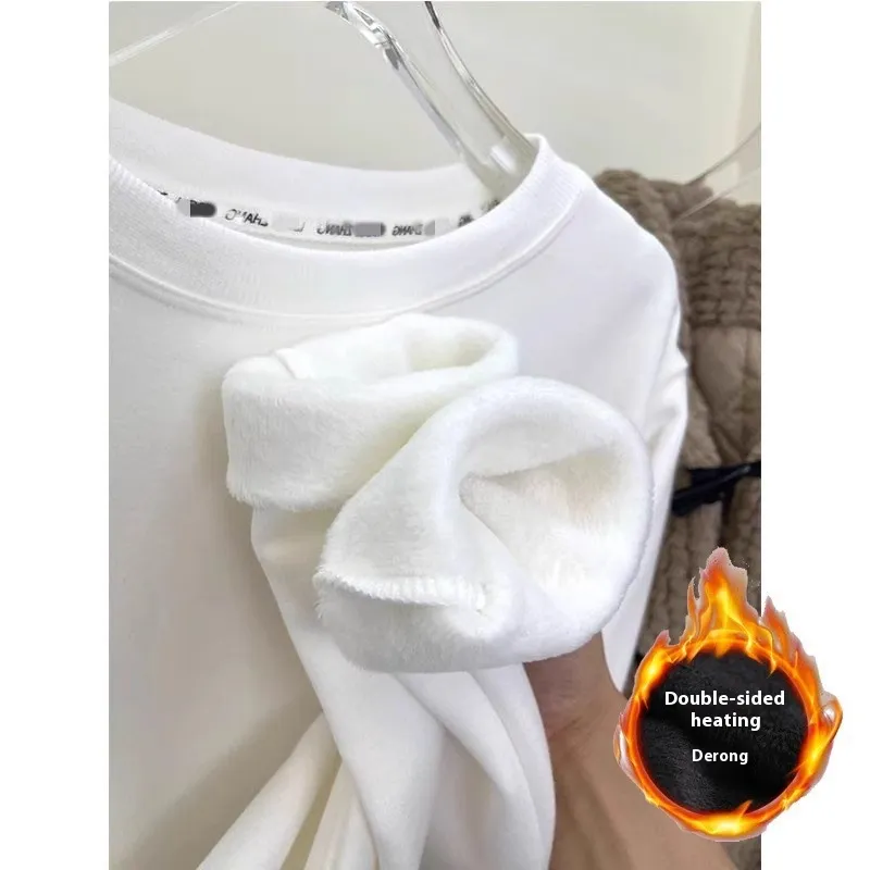 Plus Velvet White Bottoming Shirt Women's Inner Match Mid-length Loose T-shirt - 2070 White