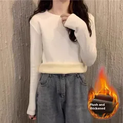 Plus Velvet White Bottoming Shirt Women's Inner Match Mid-length Loose T-shirt - 3036 White Round Neck - View 1