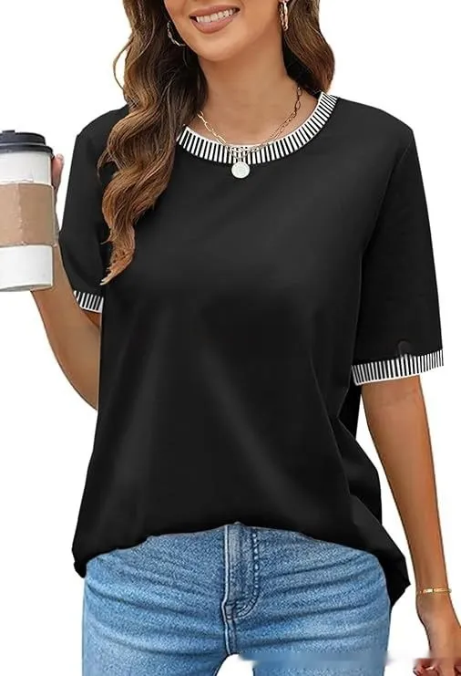 European And American Fashion Casual Multicolor Knitted Color Striped Short Sleeve Black - Shop at LoveMi