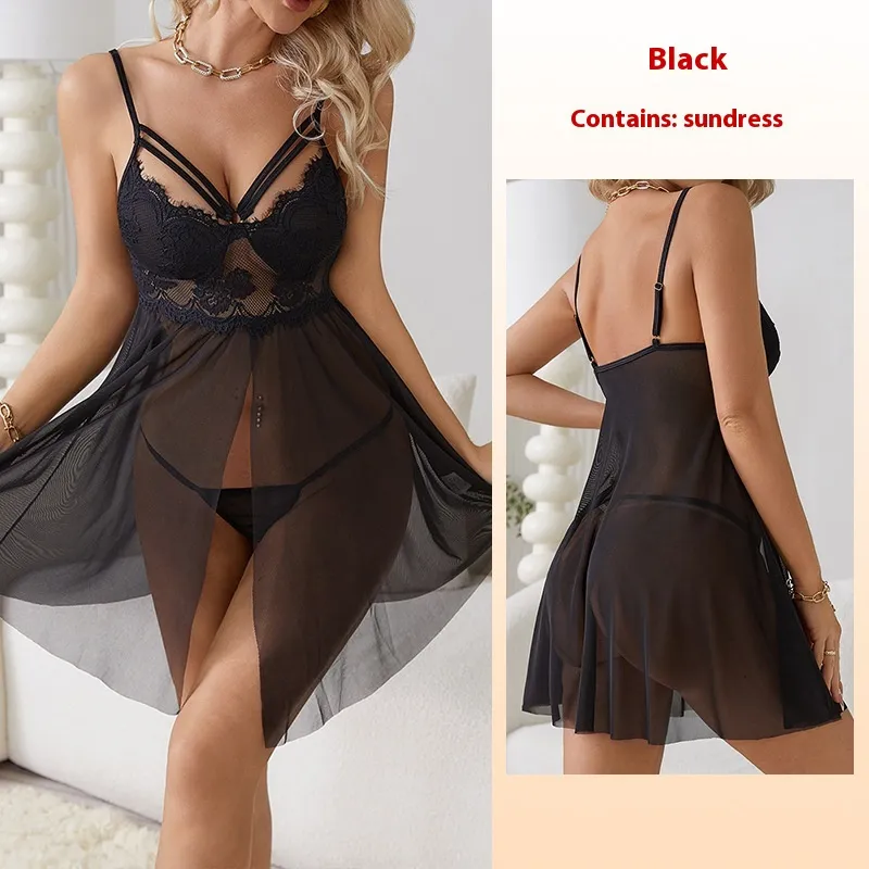 Sexy Sling Lace Pure Desire Seduction Pyjamas Hollow Out See-through - Black