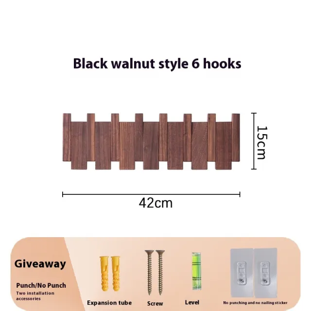 Clothes Hook Wall mounted Entrance Hallway Hanger Punch free Solid Wood Creative Keys Clothes Black Walnut 6 Hooks - Shop at LoveMi