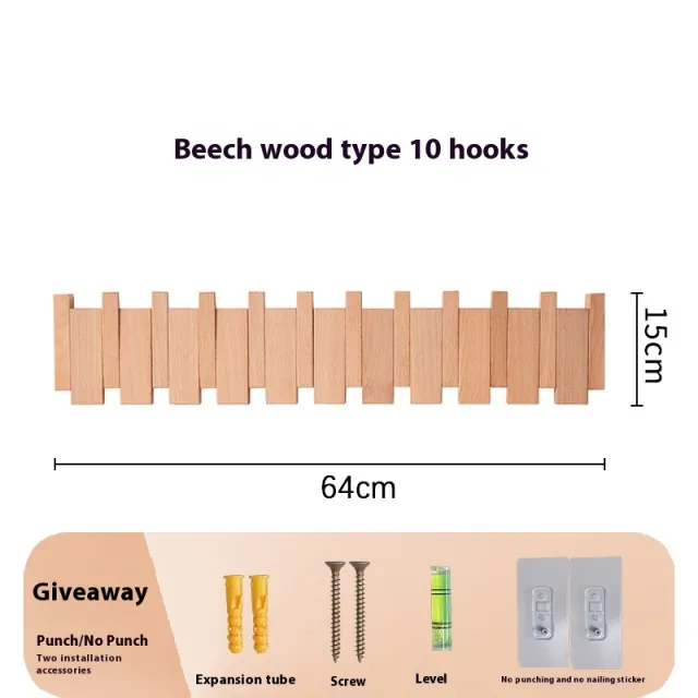 Clothes Hook Wall mounted Entrance Hallway Hanger Punch free Solid Wood Creative Keys Clothes Beech 10 Hooks - Shop at LoveMi