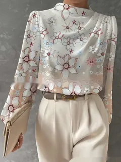 Half Turtleneck Lantern Sleeve Printed Top - No 5 Color-L - View 1