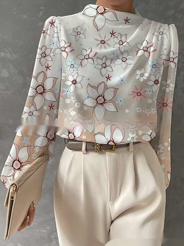 Half Turtleneck Lantern Sleeve Printed Top - No 5 Color-M
