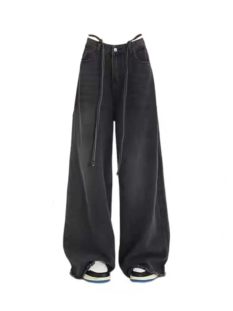 Retro Draping Jeans Women's Loose Straight Wide-leg Pants - Black Gray