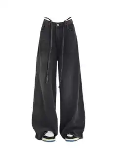 Retro Draping Jeans Women's Loose Straight Wide-leg Pants - Black Grey - View 1