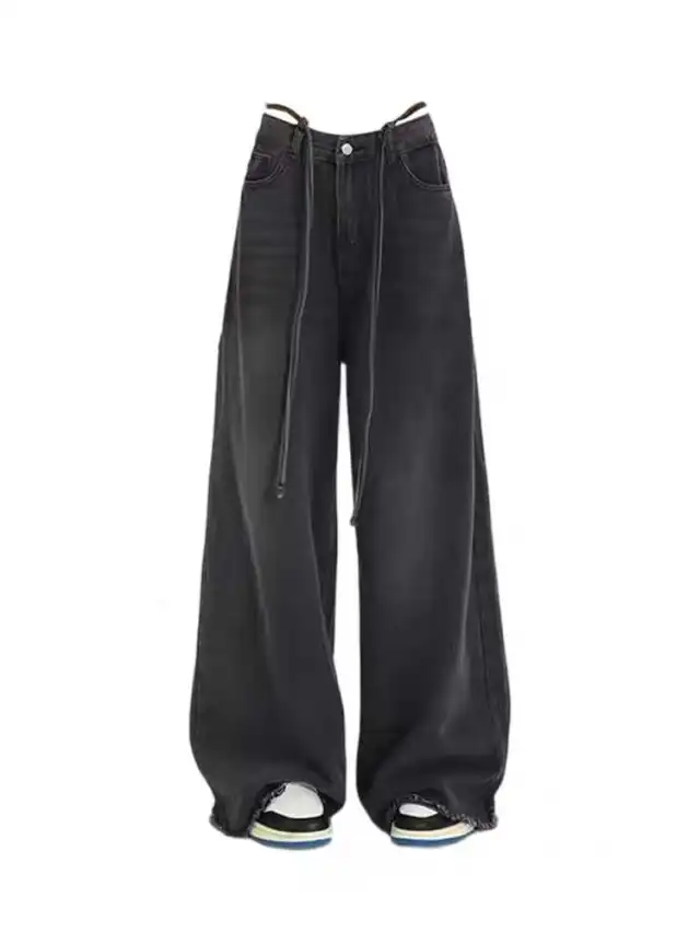 Retro Draping Jeans Women's Loose Straight Wide leg Pants Black - Shop at LoveMi