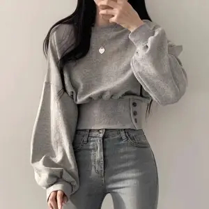 Round neck waisted top, slimming long sleeve short pullover solid color sweatshirt