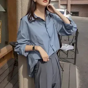 Retro Feeling Small Port Style French Long sleeved Solid Color Shirt Haze Blue - Shop at LoveMi