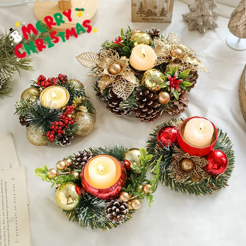 Christmas Candle Metals Candlestick Wreath Artificial Pinball Pinecone Holder