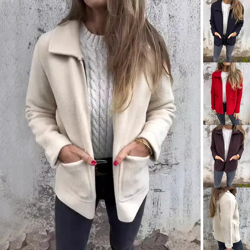 Lapel Zipper Jacket with Pockets Fashion Solid Color Coat