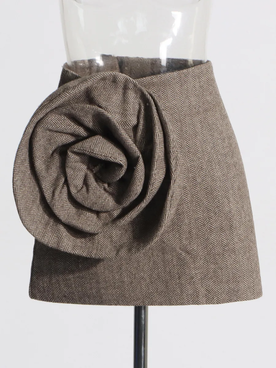 New Three-dimensional Flower Casual Suit Jacket - Brown Short Skirt
