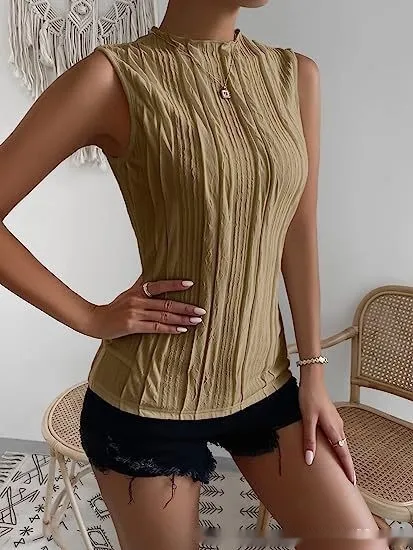 Women's Half Turtleneck Wide Pattern Vest Summer Retro Chic Sleeveless Top Brown - Shop at LoveMi
