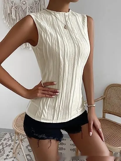 Women's Half Turtleneck Wide Pattern Vest Summer Retro Chic Sleeveless Top White - Shop at LoveMi