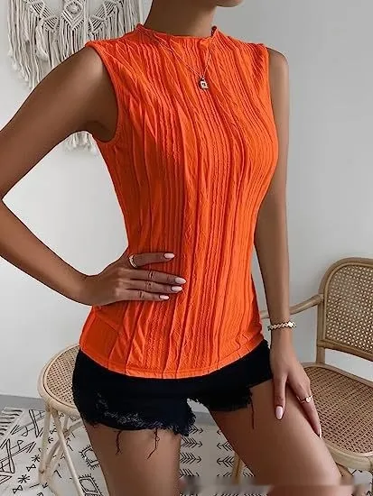 Women's Half Turtleneck Wide Pattern Vest Summer Retro Chic Sleeveless Top Orange Red - Shop at LoveMi