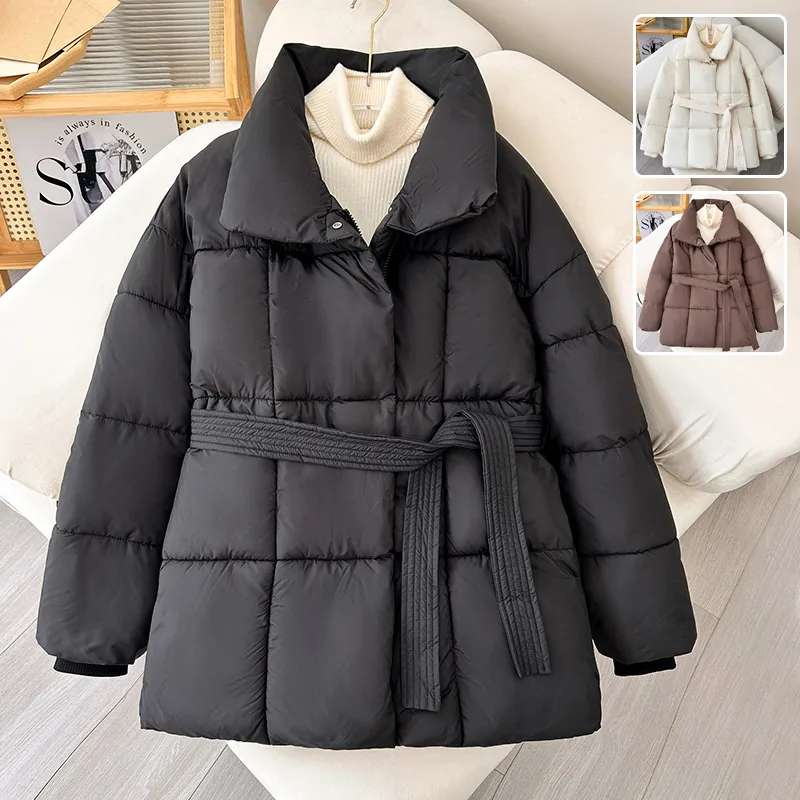 Warm Lapel Plaid Coat with Belt Design Fashion Casual