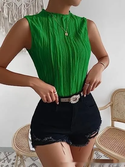 Women's Half Turtleneck Wide Pattern Vest Summer Retro Chic Sleeveless Top Green - Shop at LoveMi