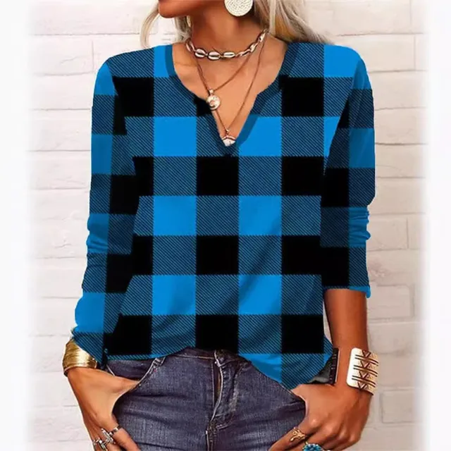 Plaid & Printed Top V neck Loose Long Sleeve Shirt For Women Blue - Shop at LoveMi