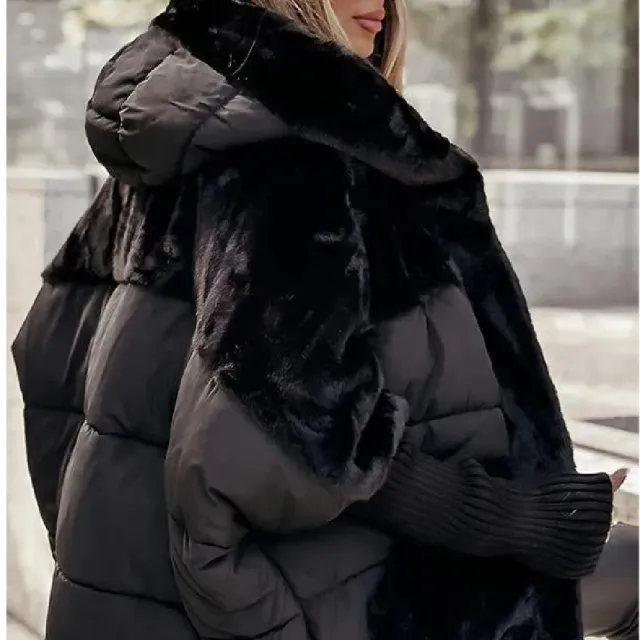 Women's Loose Cotton Coat Faux Fur Patchwork Winter Coat Comfort Chic Long Sleeve Hooded Jacket Black - Shop at LoveMi
