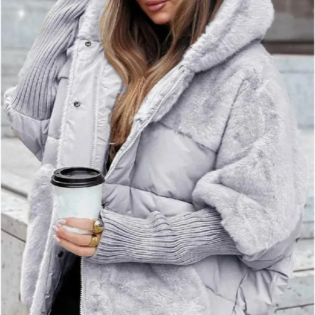 Women's Loose Cotton Coat Faux Fur Patchwork Winter Coat Comfort Chic Long Sleeve Hooded Jacket Gray - Shop at LoveMi