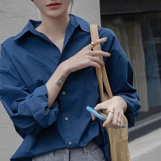 Retro Feeling Small Port Style French Long sleeved Solid Color Shirt Navy Blue - Shop at LoveMi