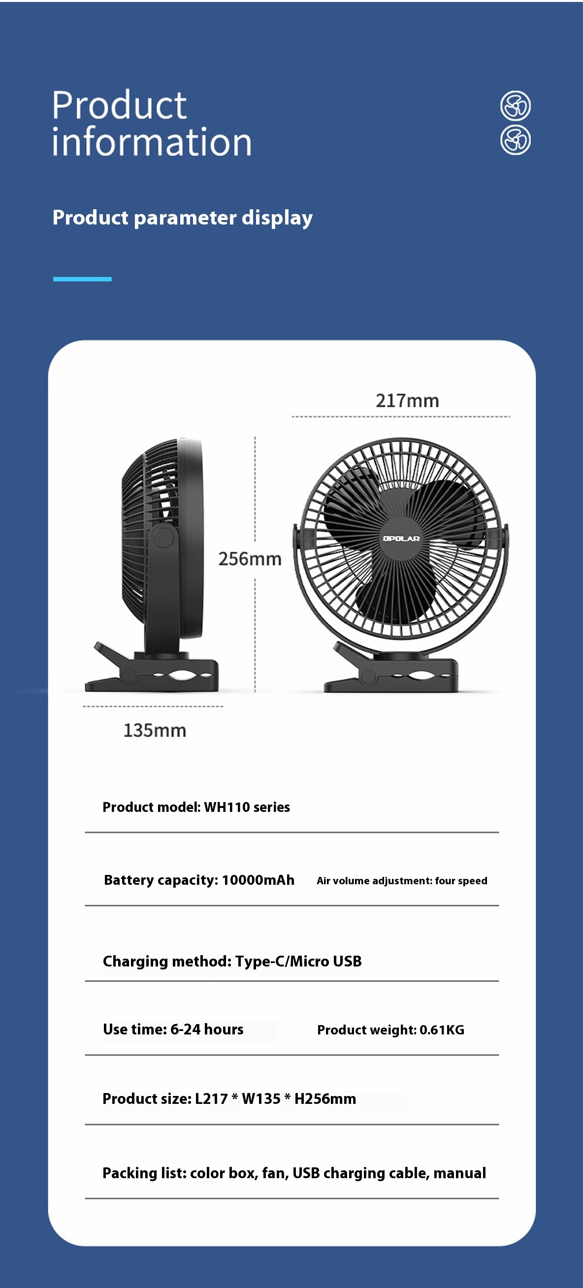 Title 1, Ventilador portátil recarregável de mesa com cl...